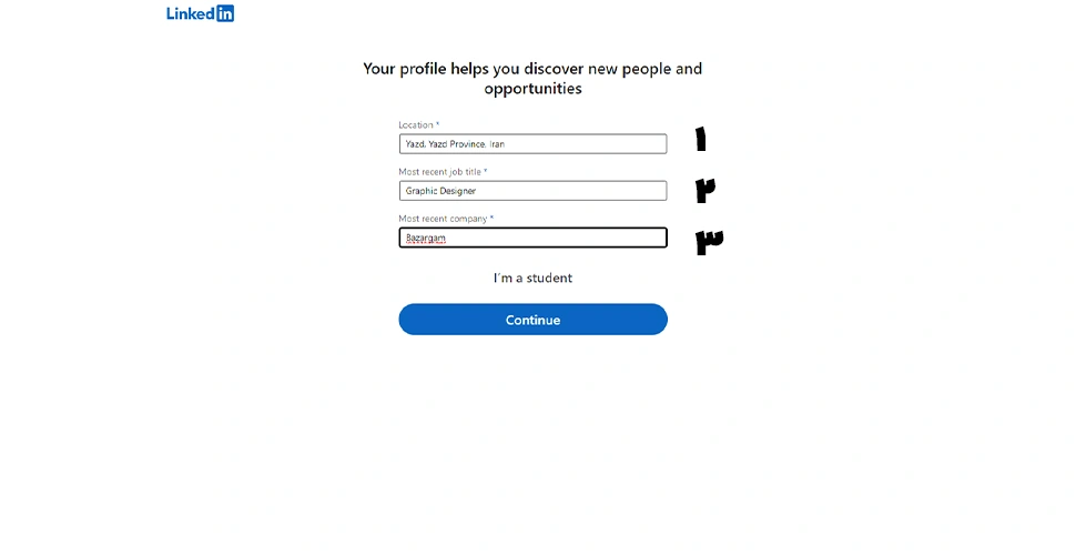 صفحه وارد کردن لوکیشن، آخرین شغل و شرکت محل کار