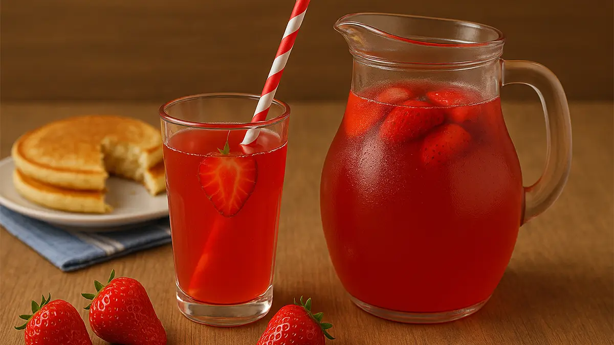 شربت توت فرنگی در پارچ و لیوان شیشه ای