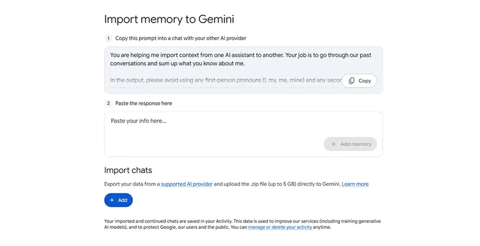 اضافه کردن اطلاعات به حافظه gemini