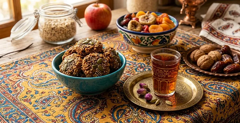 کوکی سیب رژیمی روی میز در کنار فنجان چای