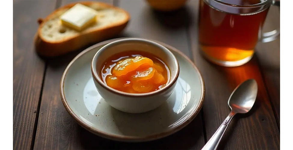 مربا زردآلو در کنار یک لیوان چای