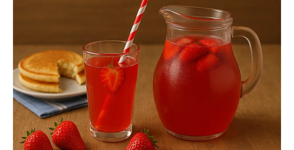 شربت توت فرنگی در پارچ و لیوان شیشه ای